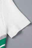 White Casual Striped Patchwork Contrast POLO collar Wrapped Skirt Short Sleeve Dress