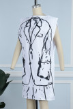 White Casual Print Patchwork Zipper Oblique Collar Irregular Dress Dresses