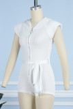 White Casual Solid Patchwork Zipper Collar Skinny Romper