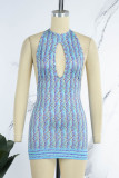 Blue Street Print Hollowed Out Patchwork Backless Halter One Step Skirt Dresses