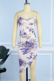 Multicolor Sexy Casual Print Backless Fold Spaghetti Strap Sleeveless Dress Dresses