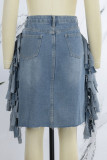 Baby Blue Casual Solid Tassel Patchwork High Waist Regular Denim Skirts