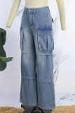 Blue Street Gradual Change Patchwork Pocket High Waist Loose Denim Jeans
