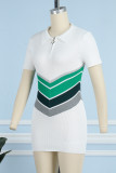 White Casual Striped Patchwork Contrast POLO collar Wrapped Skirt Short Sleeve Dress