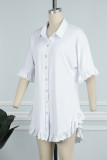 Cream White Casual Solid Patchwork Turndown Collar Shirt Dress Dresses