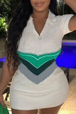 White Casual Striped Patchwork Contrast POLO collar Wrapped Skirt Short Sleeve Dress