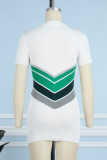 White Casual Striped Patchwork Contrast POLO collar Wrapped Skirt Short Sleeve Dress