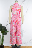 Pink Casual Print Patchwork Frenulum Turndown Collar Loose Jumpsuits(With Belt)