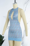 Blue Street Print Hollowed Out Patchwork Backless Halter One Step Skirt Dresses