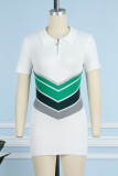 White Casual Striped Patchwork Contrast POLO collar Wrapped Skirt Short Sleeve Dress