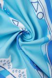 Blue Casual Print Patchwork Frenulum Turndown Collar Loose Jumpsuits(With Belt)