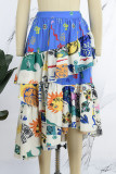 Blue Casual Print Patchwork Regular High Waist Conventional Patchwork Skirts