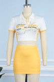 Yellow Casual Print Patchwork Turndown Collar Short Sleeve Two Pieces