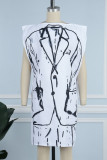 White Casual Print Patchwork Zipper Oblique Collar Irregular Dress Dresses