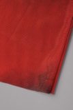 Red Sexy Print Backless Mesh Halter One Step Skirt Dresses