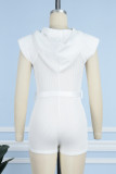 White Casual Solid Patchwork Zipper Collar Skinny Romper