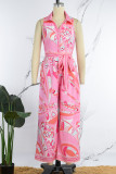 Rose Red Casual Print Patchwork Frenulum Turndown Collar Loose Jumpsuits(With Belt)