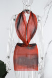 Red Sexy Print Backless Mesh Halter One Step Skirt Dresses