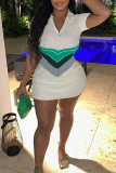 White Casual Striped Patchwork Contrast POLO collar Wrapped Skirt Short Sleeve Dress