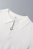 White Casual Striped Patchwork Contrast POLO collar Wrapped Skirt Short Sleeve Dress