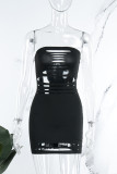 Black Sexy Solid Ripped Patchwork Backless Off the Shoulder One Step Skirt Dresses