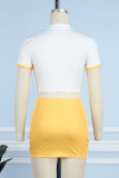 Yellow Casual Print Patchwork Turndown Collar Short Sleeve Two Pieces