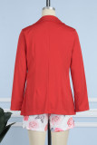 Red Casual Print With Belt Turn-back Collar Long Sleeve Two Pieces