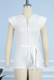 White Casual Solid Patchwork Zipper Collar Skinny Romper