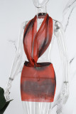 Red Sexy Print Backless Mesh Halter One Step Skirt Dresses