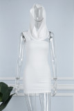 Cream White Sexy Solid Backless Spaghetti Strap Sleeveless Dress (With Hat)