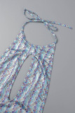 Blue Street Print Hollowed Out Patchwork Backless Halter One Step Skirt Dresses