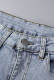Light Blue Casual Solid Patchwork High Waist Straight Denim Jeans