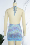 Blue Street Print Hollowed Out Patchwork Backless Halter One Step Skirt Dresses