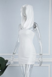 Cream White Sexy Solid Backless Spaghetti Strap Sleeveless Dress (With Hat)