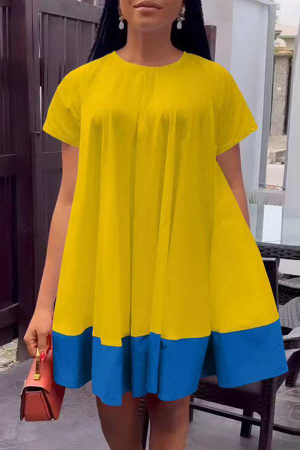 Yellow Casual Solid Patchwork O Neck Short Sleeve Dress