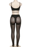 Black Sexy Solid Patchwork See-through Backless Spaghetti Strap Sleeveless Two Pieces