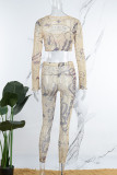 Beige Casual Print Hollowed Out O Neck Long Sleeve Two Pieces