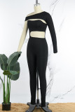 Grey Sexy Solid Hollowed Out Patchwork Oblique Collar Skinny Jumpsuits