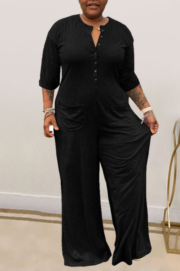 Black Casual Solid Patchwork V Neck Regular Jumpsuits
