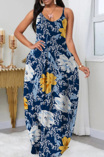 Tibetan Blue Sexy Casual Print Backless Spaghetti Strap Long Dress Dresses