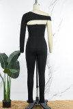 Grey Sexy Solid Hollowed Out Patchwork Oblique Collar Skinny Jumpsuits
