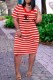 Red Casual Striped Print Letter V Neck Straight Dresses
