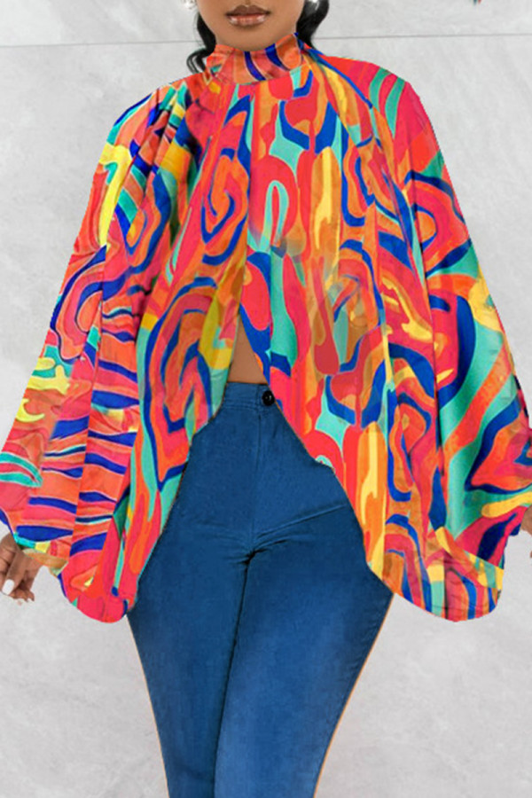 Orange Casual Print Slit Turtleneck Tops