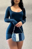 Deep Blue Sexy Casual Solid Backless O Neck Skinny Rompers