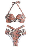 Blue Sexy Print Hollowed Out Patchwork Frenulum Backless Swimwears (With Paddings)
