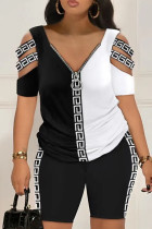White Casual Print Hollowed Out Patchwork V Neck Short Sleeve Two Pieces