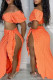 Tangerine Red Sexy Solid Bandage Off the Shoulder Short Sleeve Three Piece Set