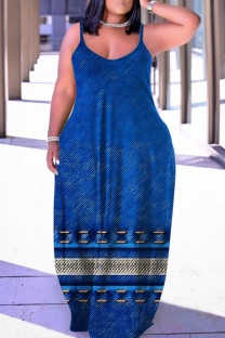 Dark Blue Sexy Casual Print Backless Spaghetti Strap Long Dress Dresses