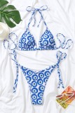 Blue Sexy Print Bandage Backless Swimwears (With Paddings)