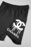 Black Street Print Letter O Neck Short Sleeve Two Pieces